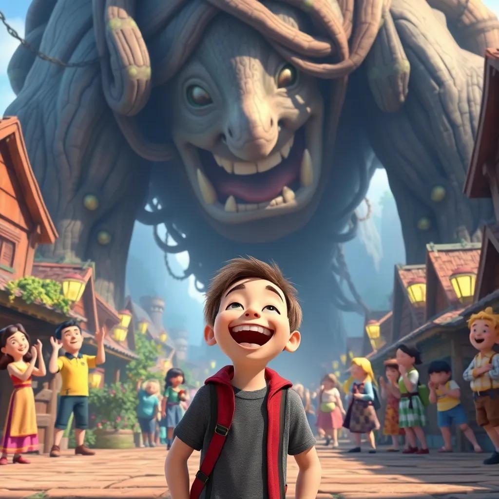 Tim laughing joyfully, standing in front of the tangled giants, villagers cheering happily in the background, colorful village setting, joyful mood, bright colors, detailed, heartwarming