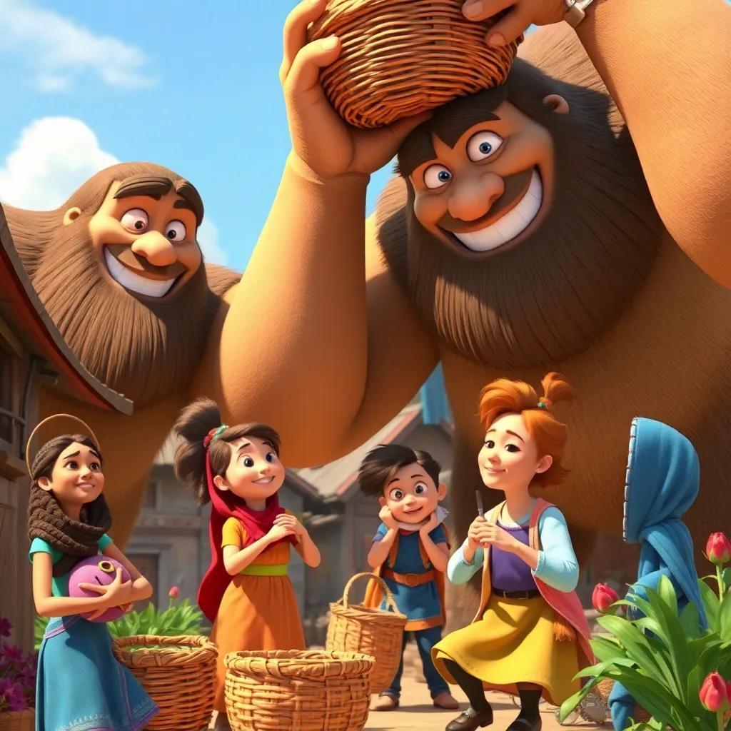 The giants smiling and helping villagers, lifting heavy baskets, Tim teaching them to sew, friendly expressions, colorful village scene, uplifting, bright colors, detailed