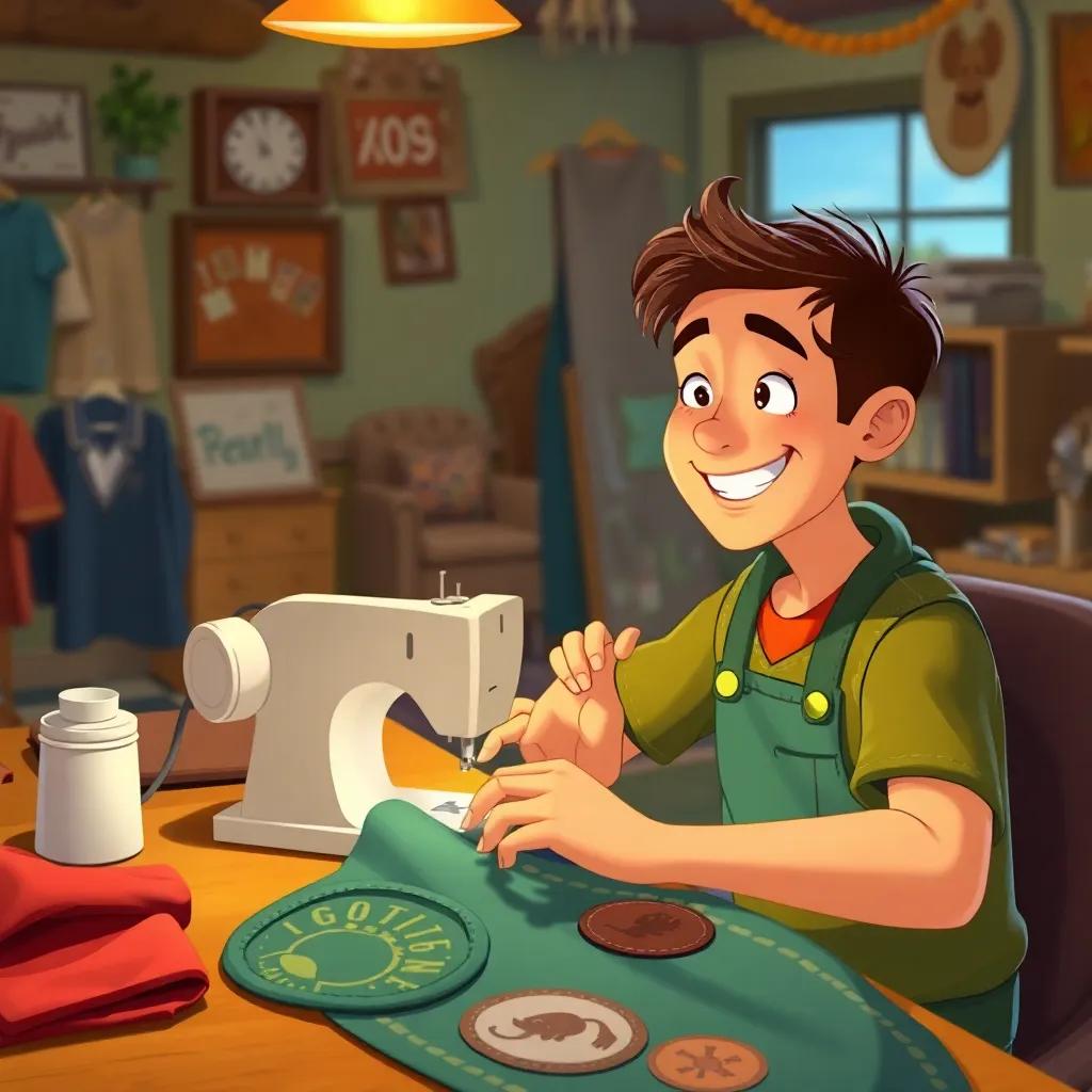 Tim sewing new clothes, smiling brightly, with patches for the giants on the table, cozy shop, warm inviting atmosphere, detailed, cheerful