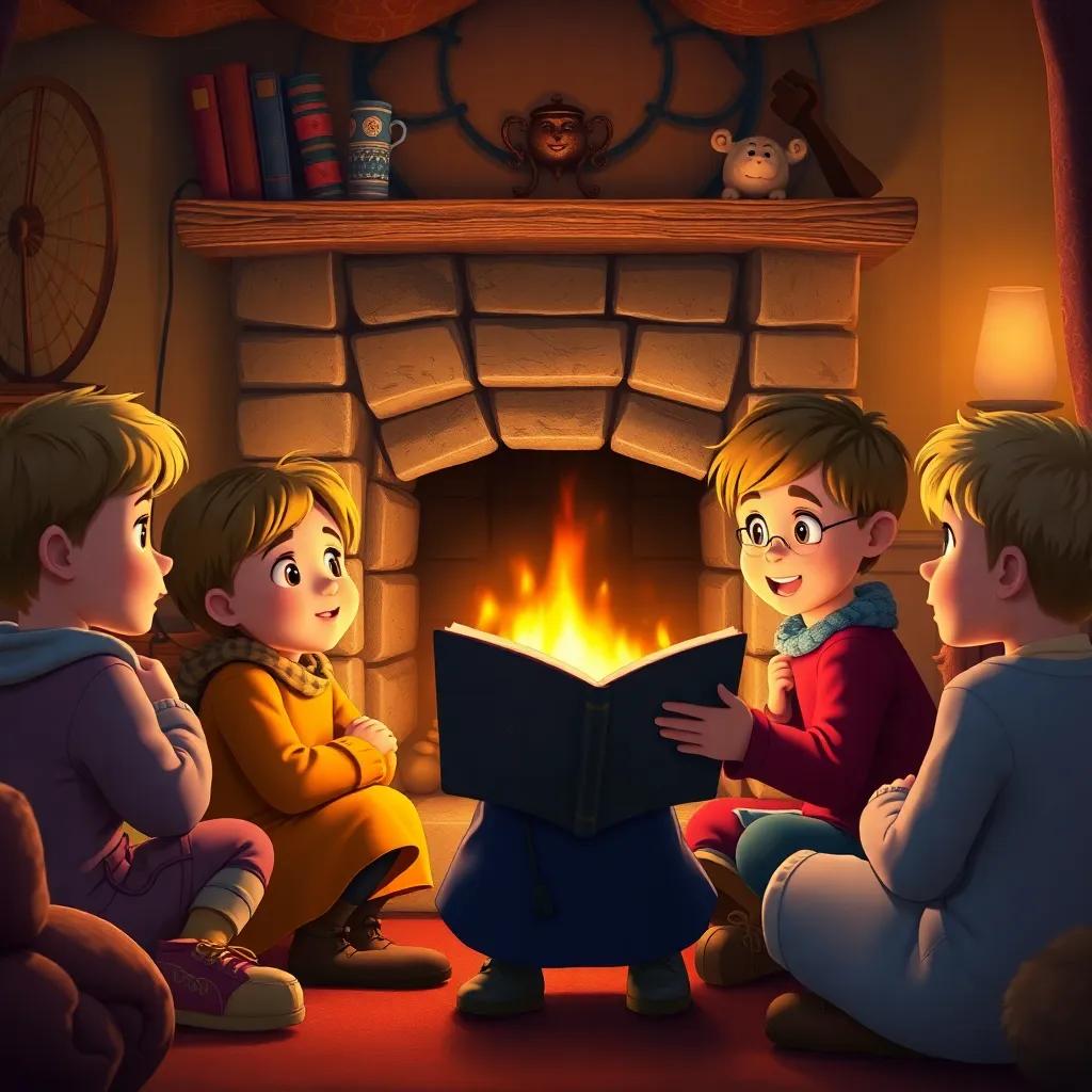 Children listening to the story of Tim the tailor around a fireplace, wide-eyed with wonder, cozy room, soft lighting, colorful storytelling scene, detailed, inviting