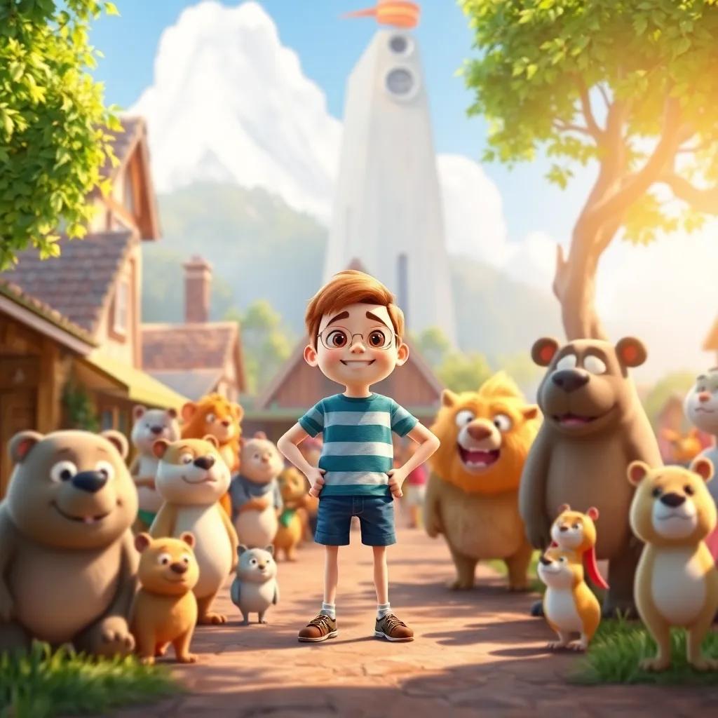 A small but proud Tim standing in the middle of the village, surrounded by friends, both small and giant, sunny day, vibrant friendship atmosphere, detailed, cheerful
