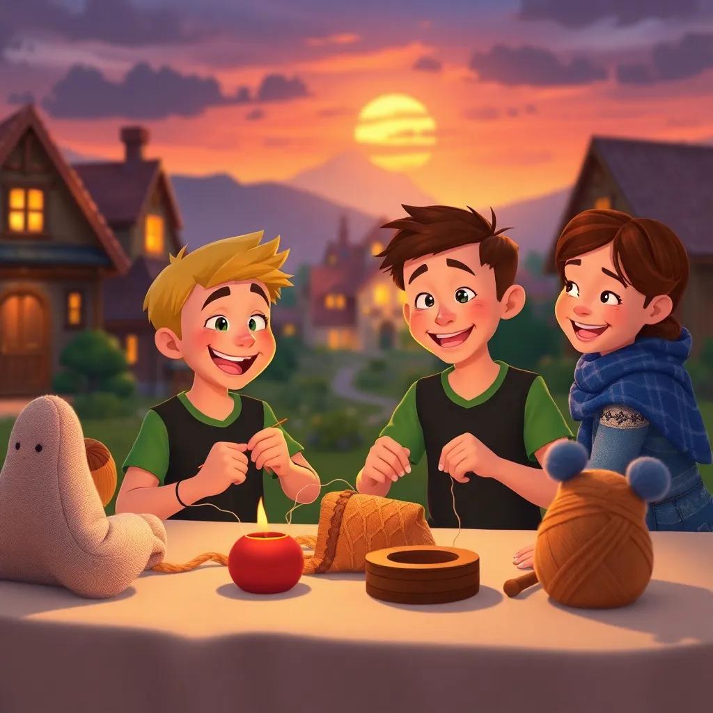 A happy scene of Tim sewing with friends at sunset, the village backdrop glowing warmly, inviting and joyful, colorful, detailed, heartwarming