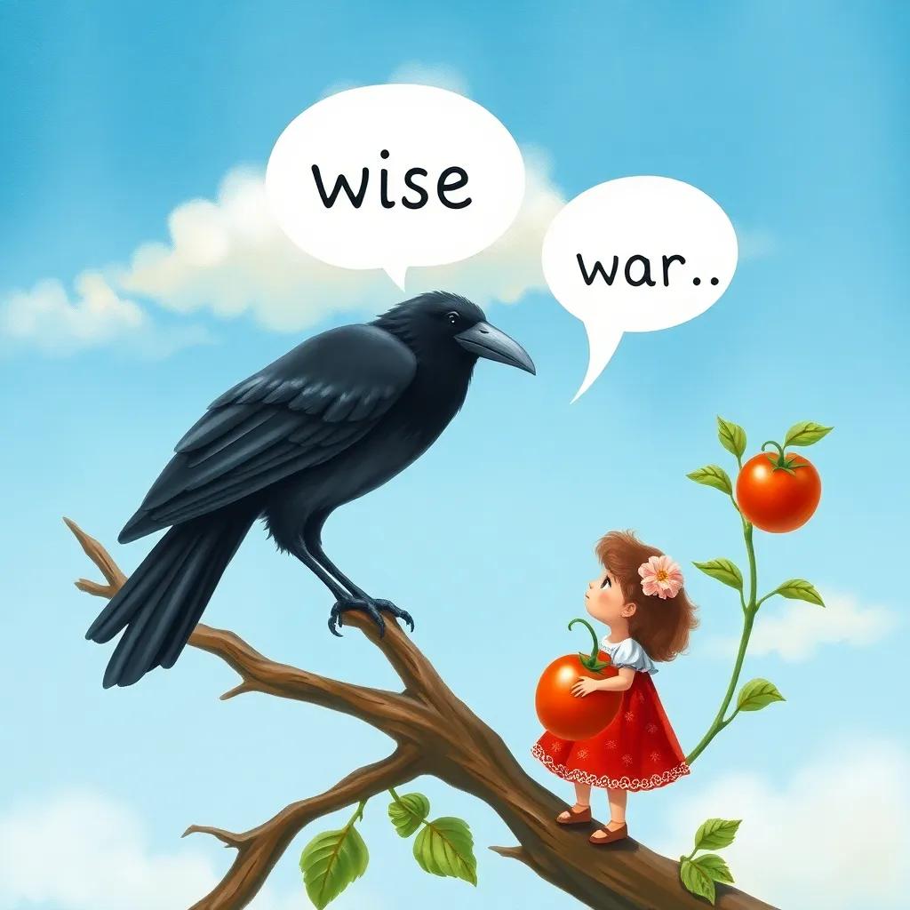 A wise crow perched on a branch, speaking to the little tomato girl, with a blue sky background and soft clouds, illustration, friendly expression, child-friendly style