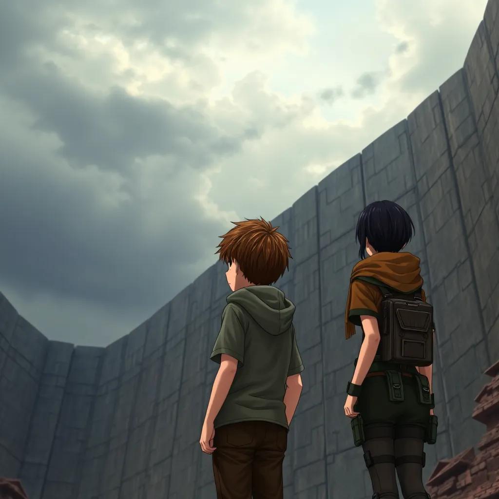 A young boy, Eren, with short, messy brown hair, wearing a simple shirt and pants, standing beside Mikasa, a girl with short black hair in a scarf and combat gear, both gazing at a massive wall under a cloudy sky, digital art, intense atmosphere, high detail, epic perspective, vibrant colors, action-oriented