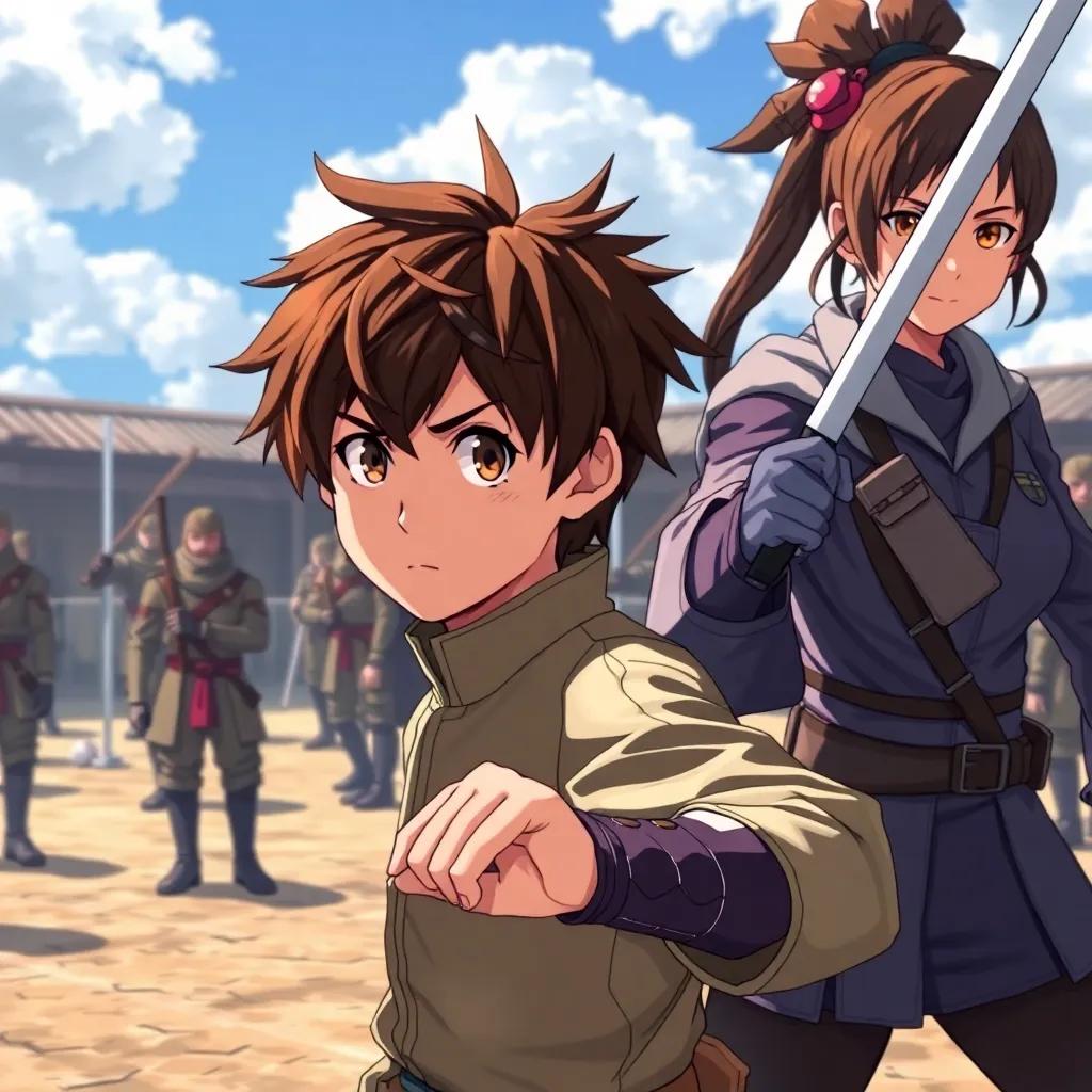 Eren, a young boy with messy brown hair, wearing a training uniform, practicing with Mikasa, a girl in combat gear, both focused and determined in a training yard filled with dummies and swords, dynamic art, motivational spirit, rich colors, strong perspective, high quality