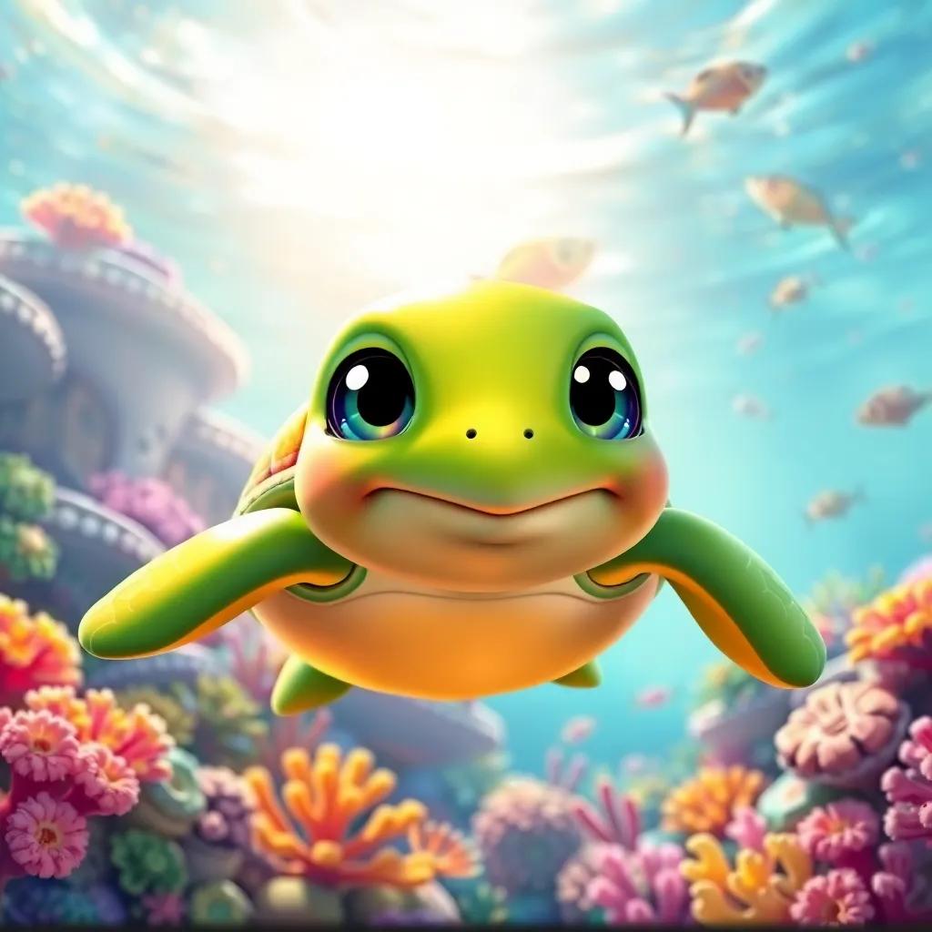 A friendly sea turtle named Tully, with green shiny skin and bright eyes, swimming among colorful coral reefs in a sunny ocean, beautiful scenery, vibrant colors, cheerful atmosphere