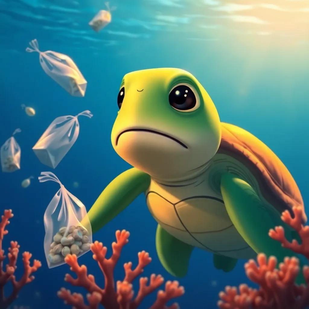 Tully the turtle, looking sad as he sees trash in the water, with floating plastic bags and faded corals, blue ocean background, warm light, emotional scene, high-quality illustration