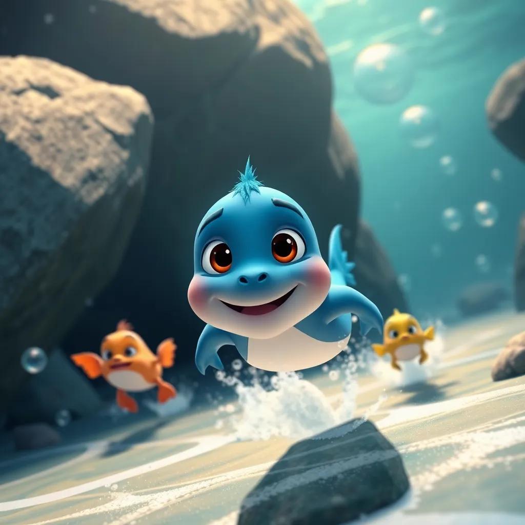 Tully leading his friends through the ocean, swimming past big rocks and shining bubbles, with determination and bravery in his eyes, dynamic movement, playful theme