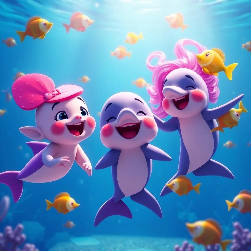 A happy scene of Tully, Sammy, and Bella singing, surrounded by dancing dolphins and twirling fish, joyful underwater celebration, bright and colorful atmosphere, engaging and fun