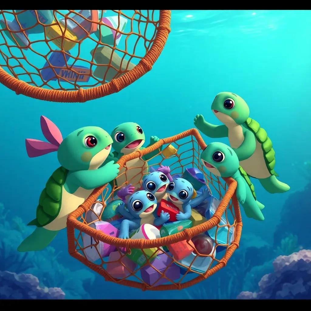 Tully and his friends working together to collect trash, with a big net, baby turtles trapped inside, showing bravery and teamwork, colorful ocean background, illustrations depicting courage