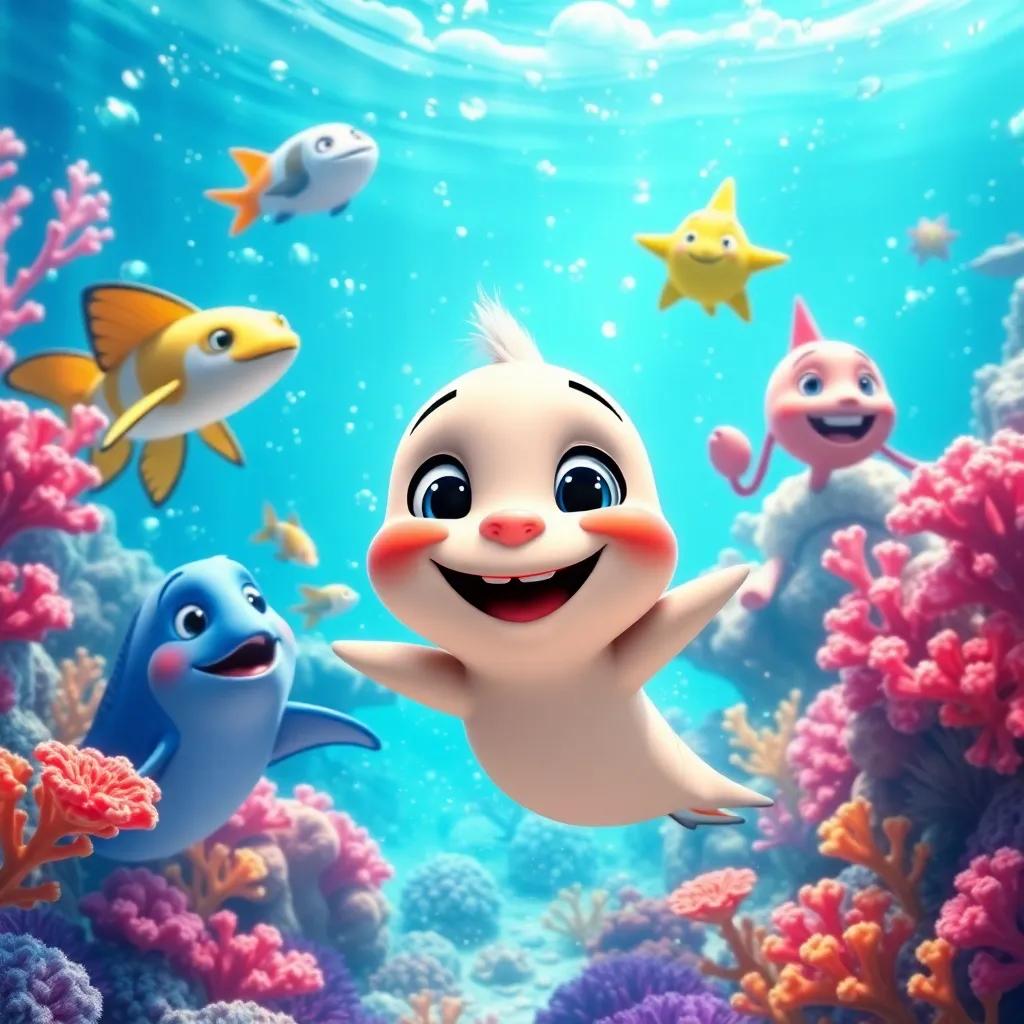 A vibrant ocean sparkling with clean water and bright corals, Tully smiling proudly in the center, joyful celebrations of sea animals around him, bright colors and lively atmosphere