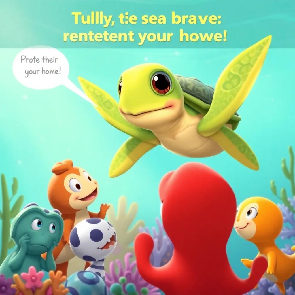 Tully the Brave Sea Turtle teaching a group of sea animals about protecting their home, engaging and caring expressions, colorful and lively underwater scene, educational theme