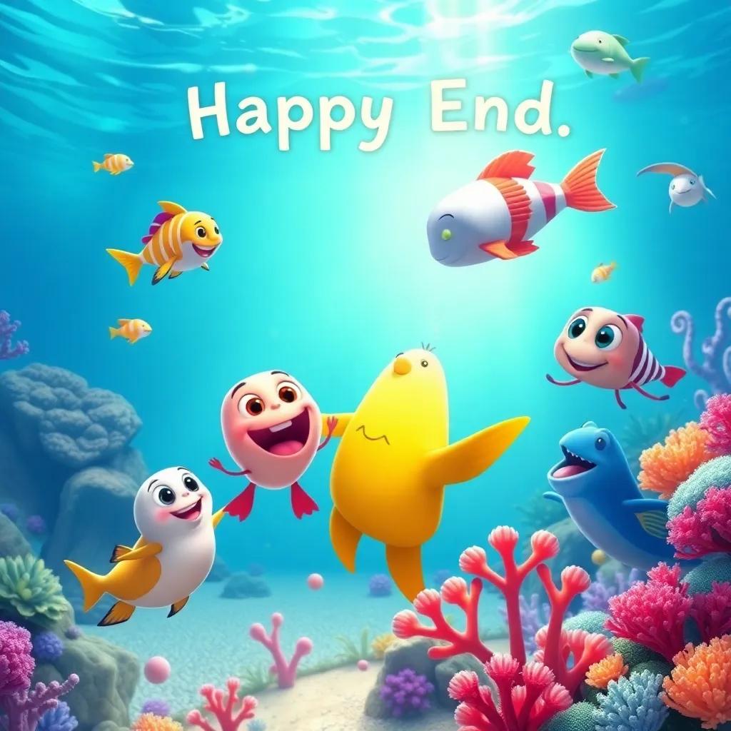 A happy ending scene with Tully, his friends, and all the sea animals playing in their beautiful ocean home, colorful coral and clear blue water, joyful celebration, high-quality and vibrant illustration