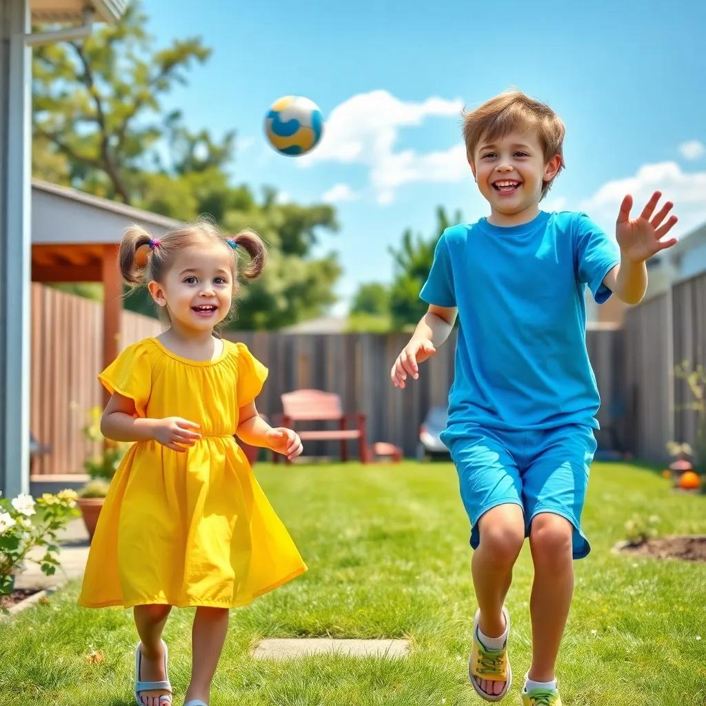 A sunny backyard scene with a boy, Max, around 10 years old, wearing a blue t-shirt and shorts, playing catch with his sister, Lily, a girl of the same age with pigtails, in a bright yellow dress, joyful and playful atmosphere, digital art, vivid colors, cheerful vibe, inviting perspective, high quality
