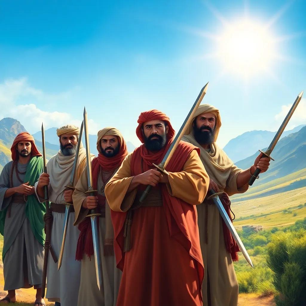 In a sunny valley in Yemen, a group of strong men stand together with determined looks. They wear traditional Yemeni clothing and are armed with shiny swords. The sun shines brightly above them. The background shows mountains and greenery, digital art, bright colors, lively and engaging atmosphere, high quality