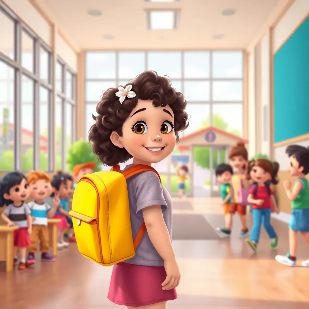 A young girl, Lily, with curly brown hair wearing a bright yellow backpack, walking into a large school with big windows and happy kids, digital illustration, colorful, inviting, cheerful atmosphere