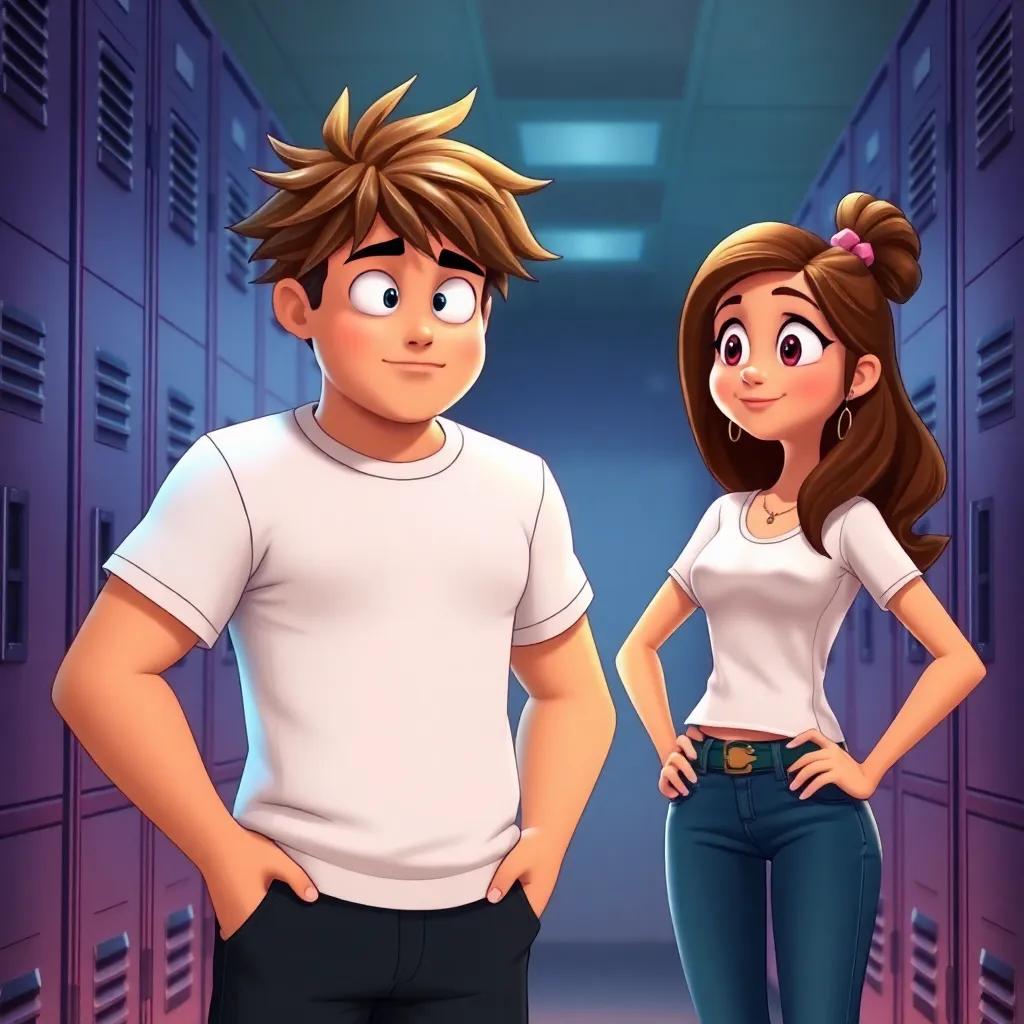 A tall boy, Jake, with messy hair and a white t-shirt, smirking at Lily while she confidently stands with hands on her hips, surrounded by lockers, digital art, vibrant colors, intense moment, high quality
