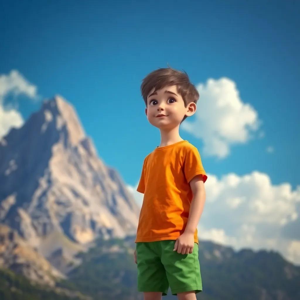 Aiden, a young boy with short brown hair wearing a bright orange t-shirt and green shorts, looking determined as he stands at the base of a tall mountain, with a blue sky and fluffy white clouds in the background, digital art, optimistic mood, bright colors, inspiring atmosphere, high quality