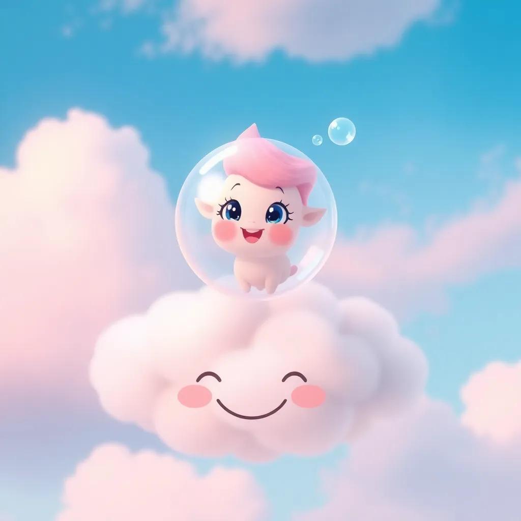 Bella the bubble bouncing on a fluffy cloud that has a smiling face, surrounded by a blue sky and soft pastel colors, whimsical art, inviting ambiance, detailed