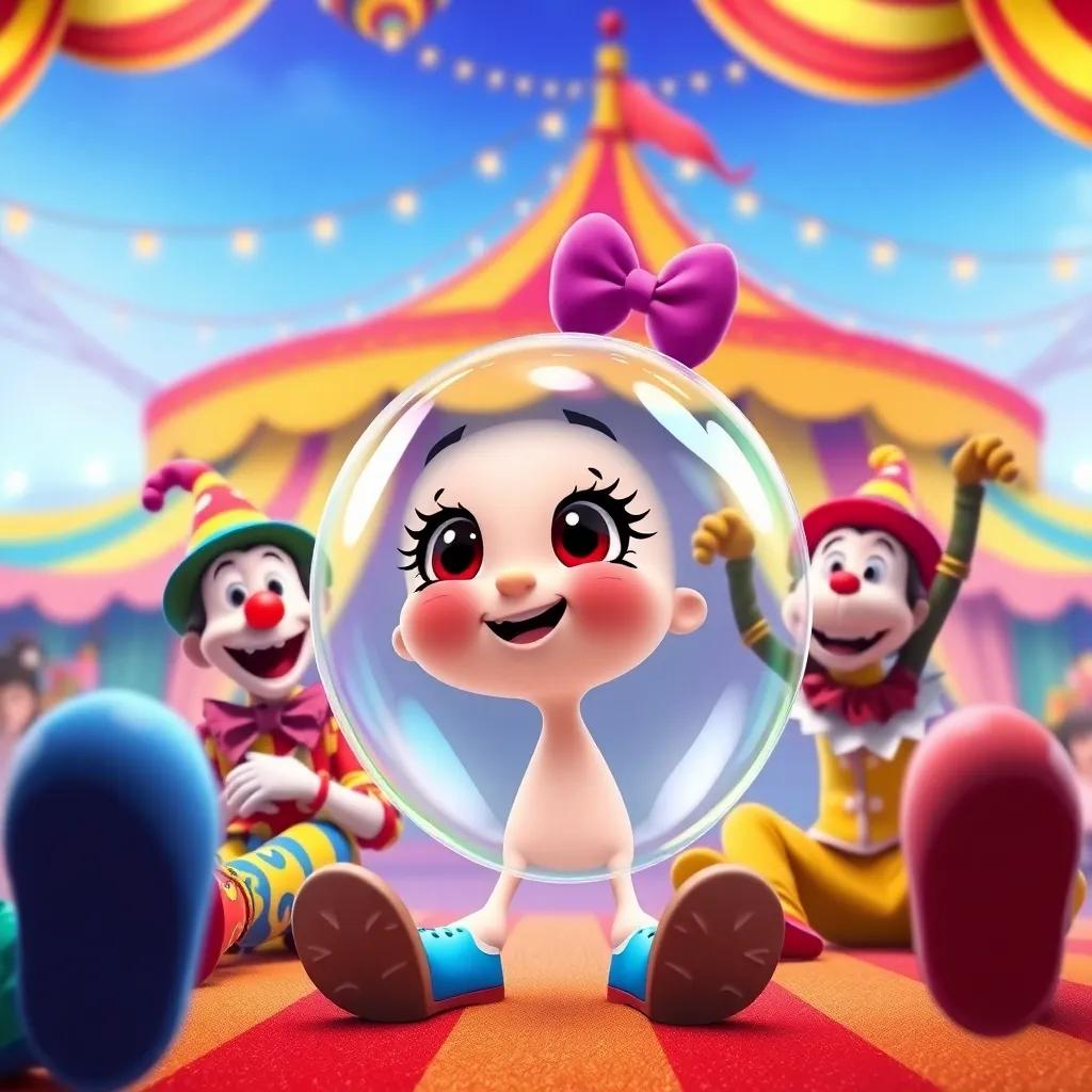 Bella the bubble watching clowns with big shoes and juggling monkeys at a colorful circus, bright tents, joyful expressions, cartoon style, fun and lively