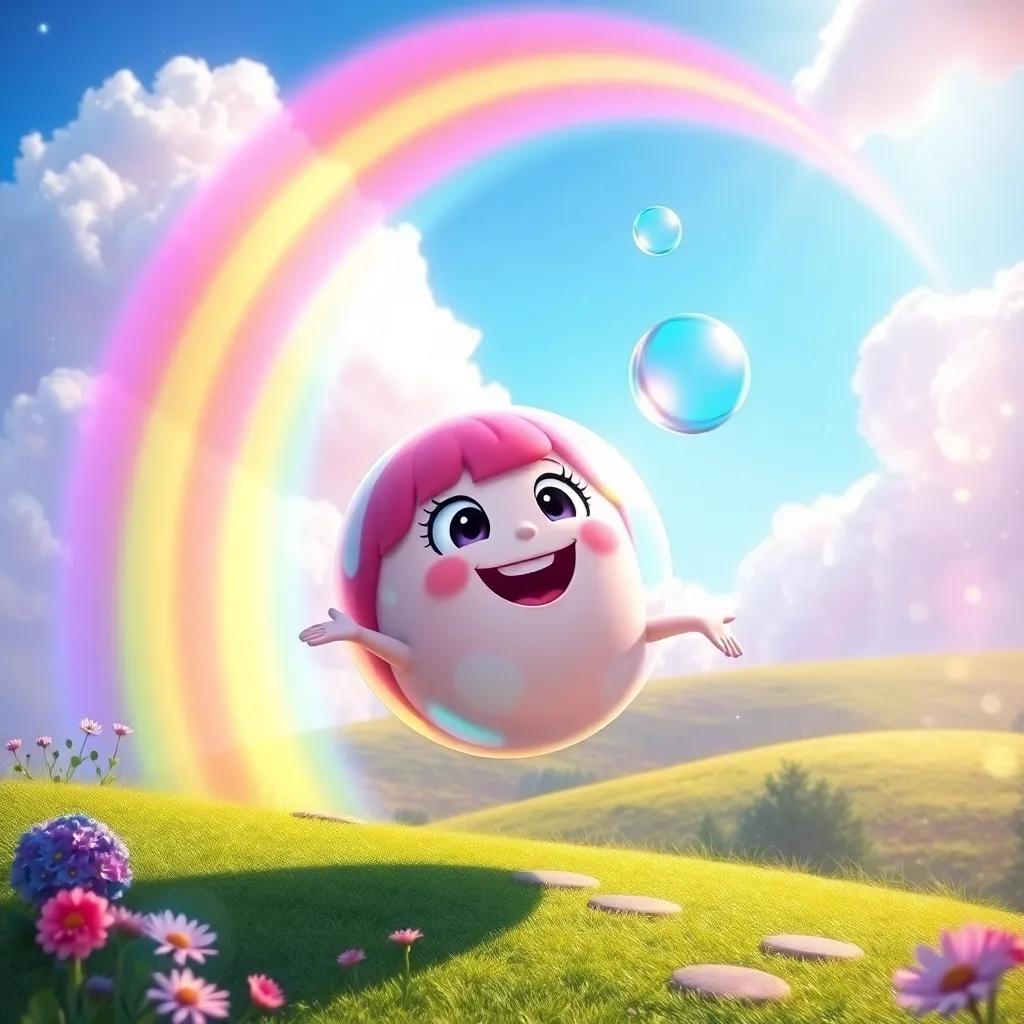 A cheerful rainbow welcoming Bella the bubble, swirling in the sky with vivid colors, magical scenery, playful light, high quality, eye-catching artsy style