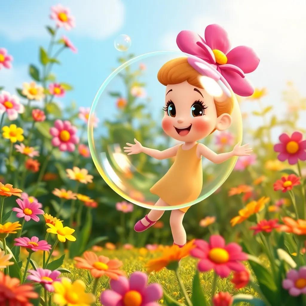 Bella the bubble dancing with smiling flowers in a lively garden, colorful blossoms swaying, animated style, bright and warm colors, delightful setting