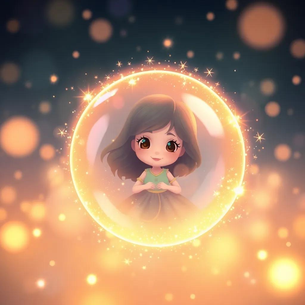 Bella the bubble surrounded by a warm glowing magic, with sparkles and light wrapping around her, soft and dreamy, fantasy art, soothing colors, enchanting feeling