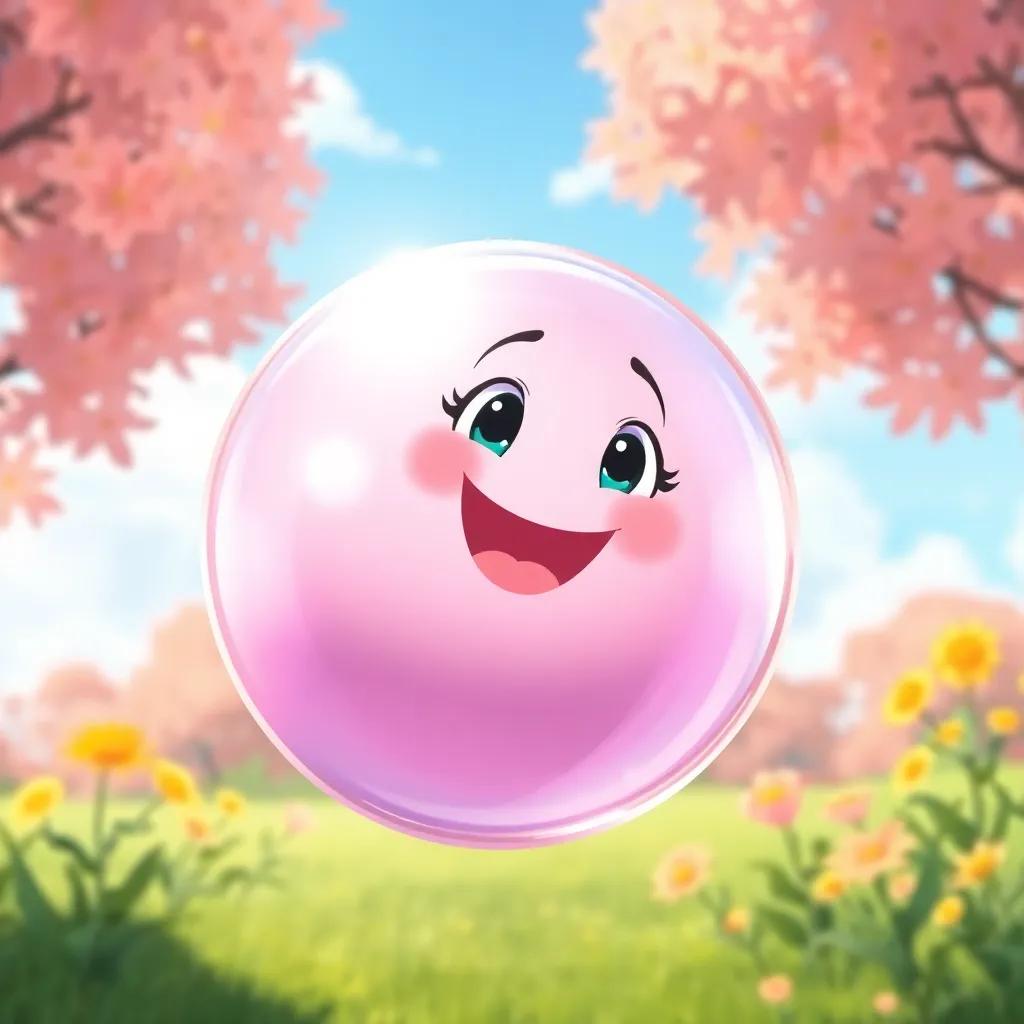 Bella the bubble floating back to her sunny park, looking bright and happy, with a glimpse of the sky and her flower friends in the background, joyful art, clear and appealing
