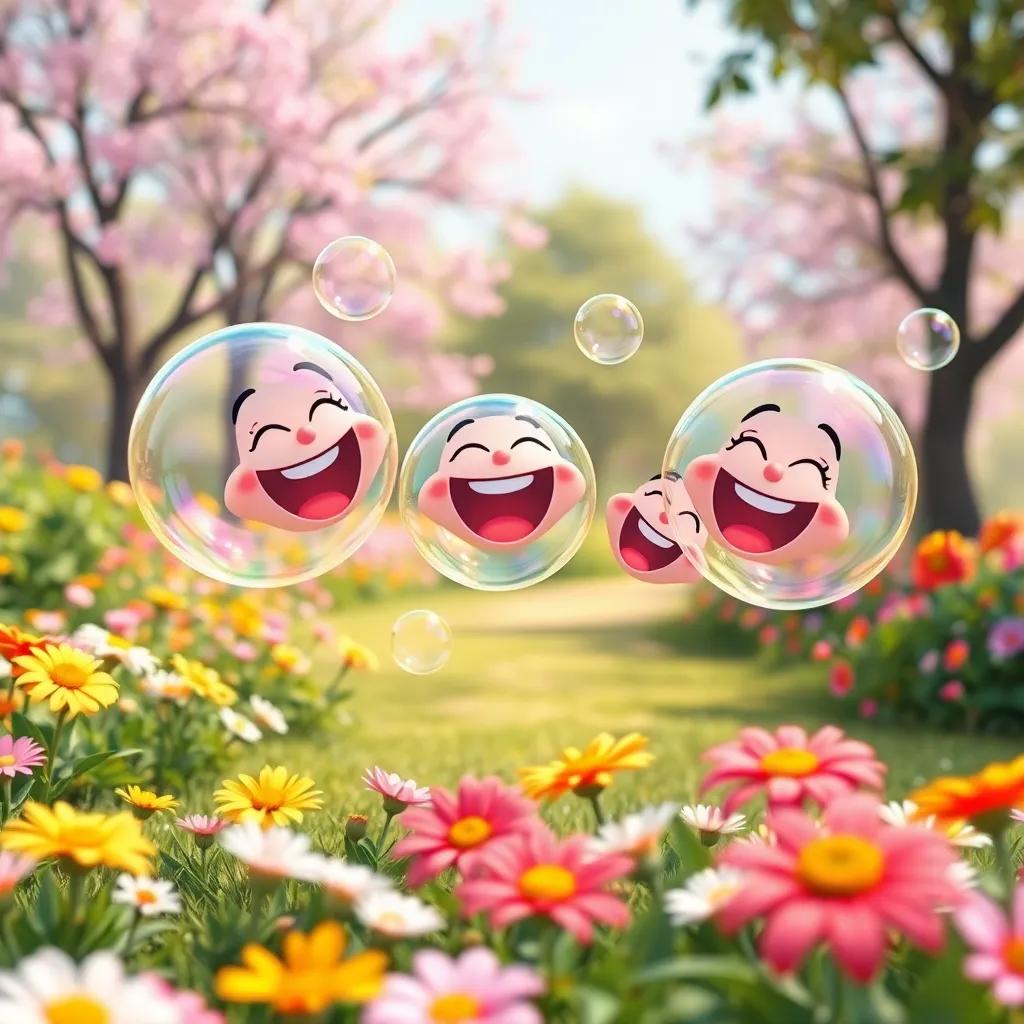 A group of joyful bubbles bouncing together in a park full of flowers, laughter in the air, bright and vibrant colors, cheerful atmosphere, playful style