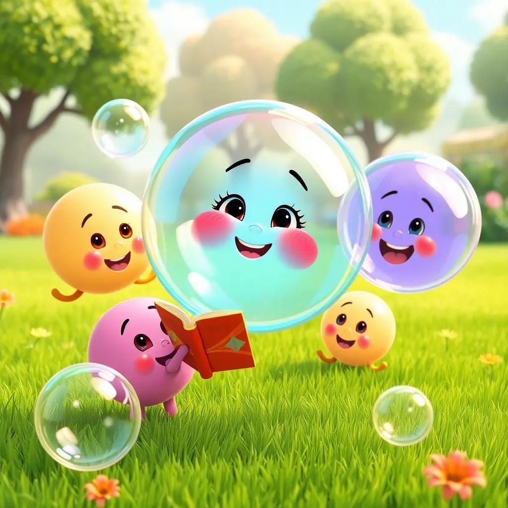 Bella the bubble sharing stories with other bubbles, all smiling and having fun in the bouncy grassy park, engaging characters, lively environment, colorful art, high quality