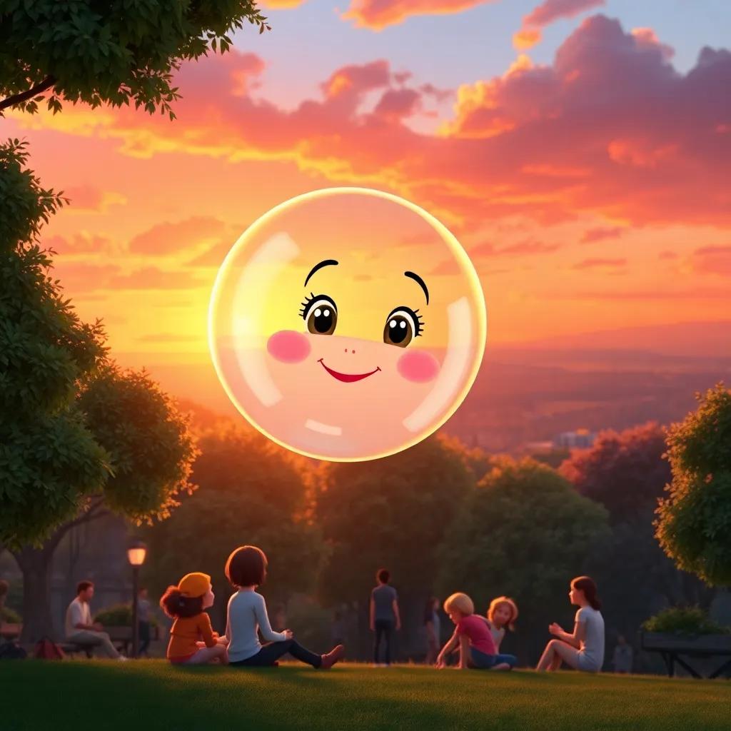 Bella the bubble looking content, floating over a park with friends below, the sunset painting the sky with warm colors, heartwarming scene, beautiful art style, rich colors