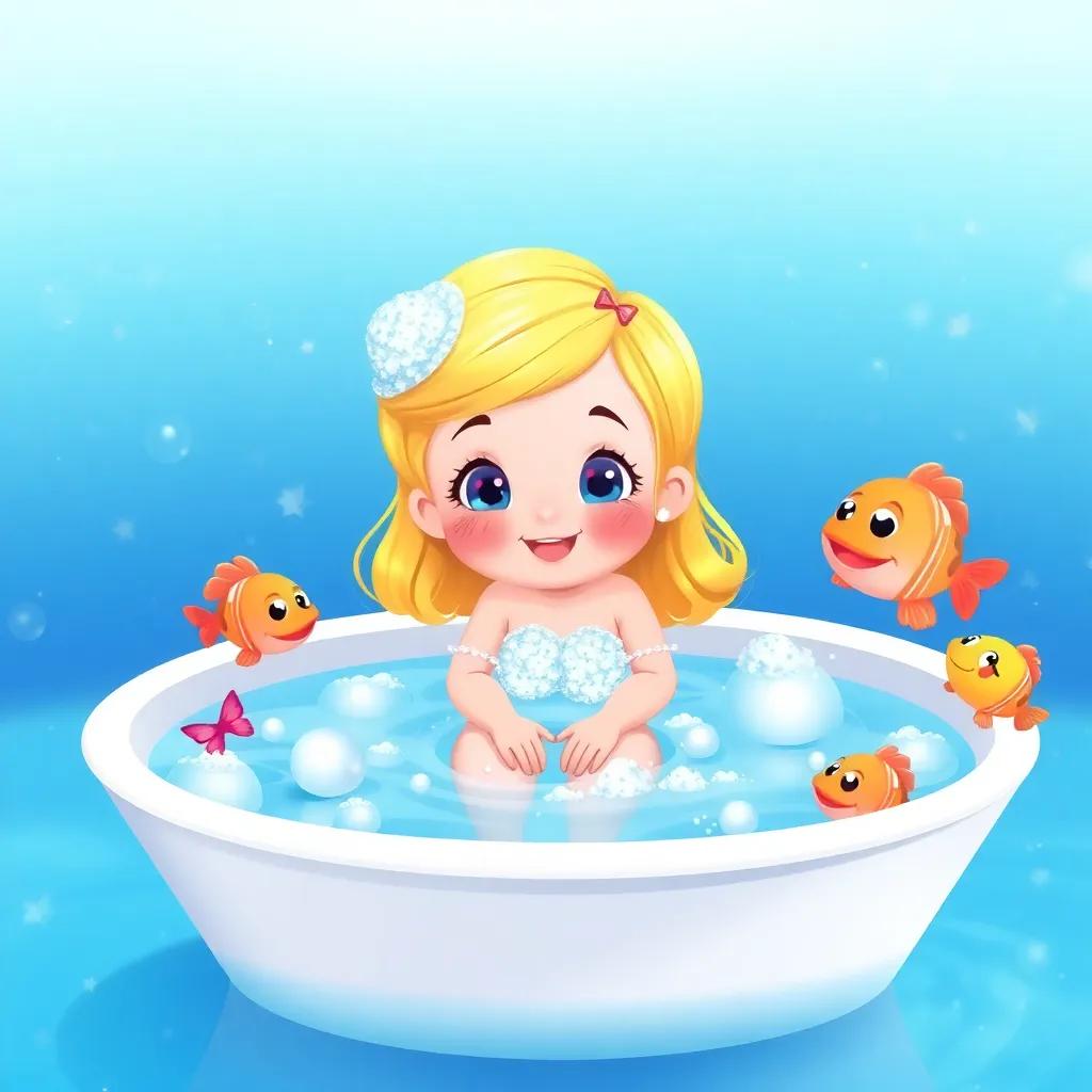 April, sitting in her bubbly bath with toy fish, a bright blue water scene with sparkles, playful atmosphere, illustrated, charming and inviting, high quality