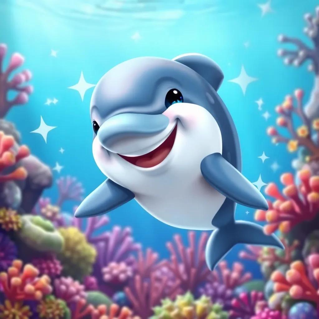 A friendly dolphin named Daisy, smiling, with sparkles around her, swimming through colorful coral reefs, vibrant underwater scene, cheerful tone, digital art, high quality