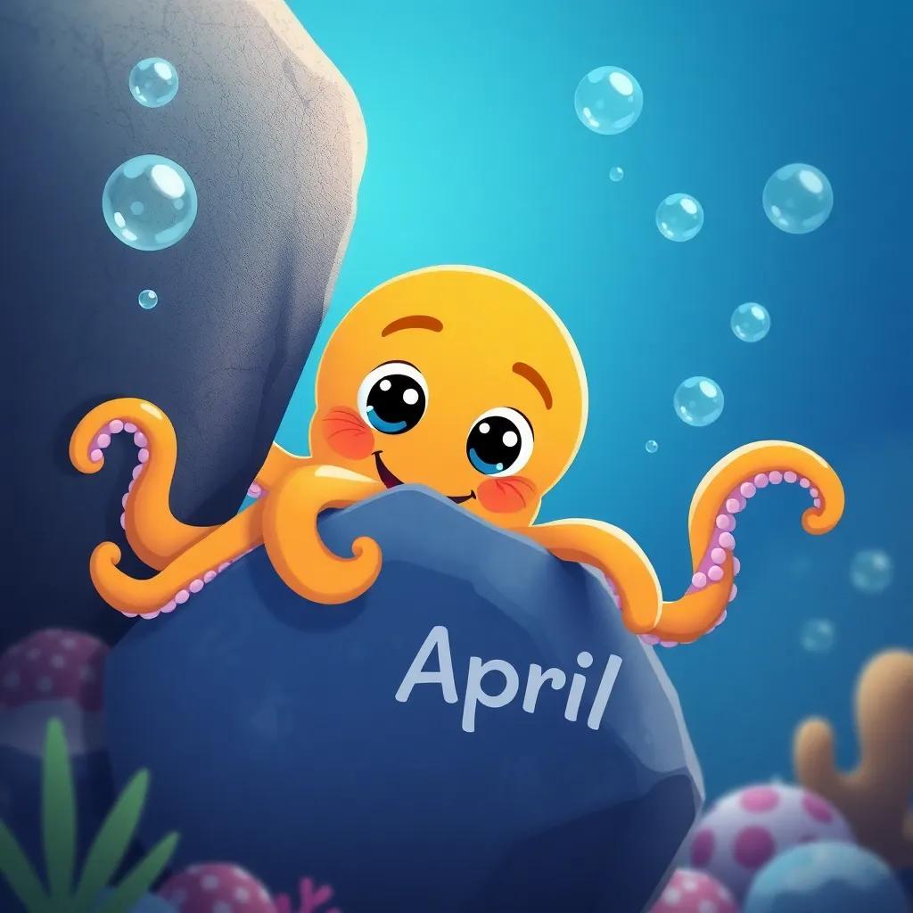 A playful octopus named Ollie peeking out from behind a rock, greeting April, surrounded by swirling bubbles, bright and fun, charming digital art, high quality