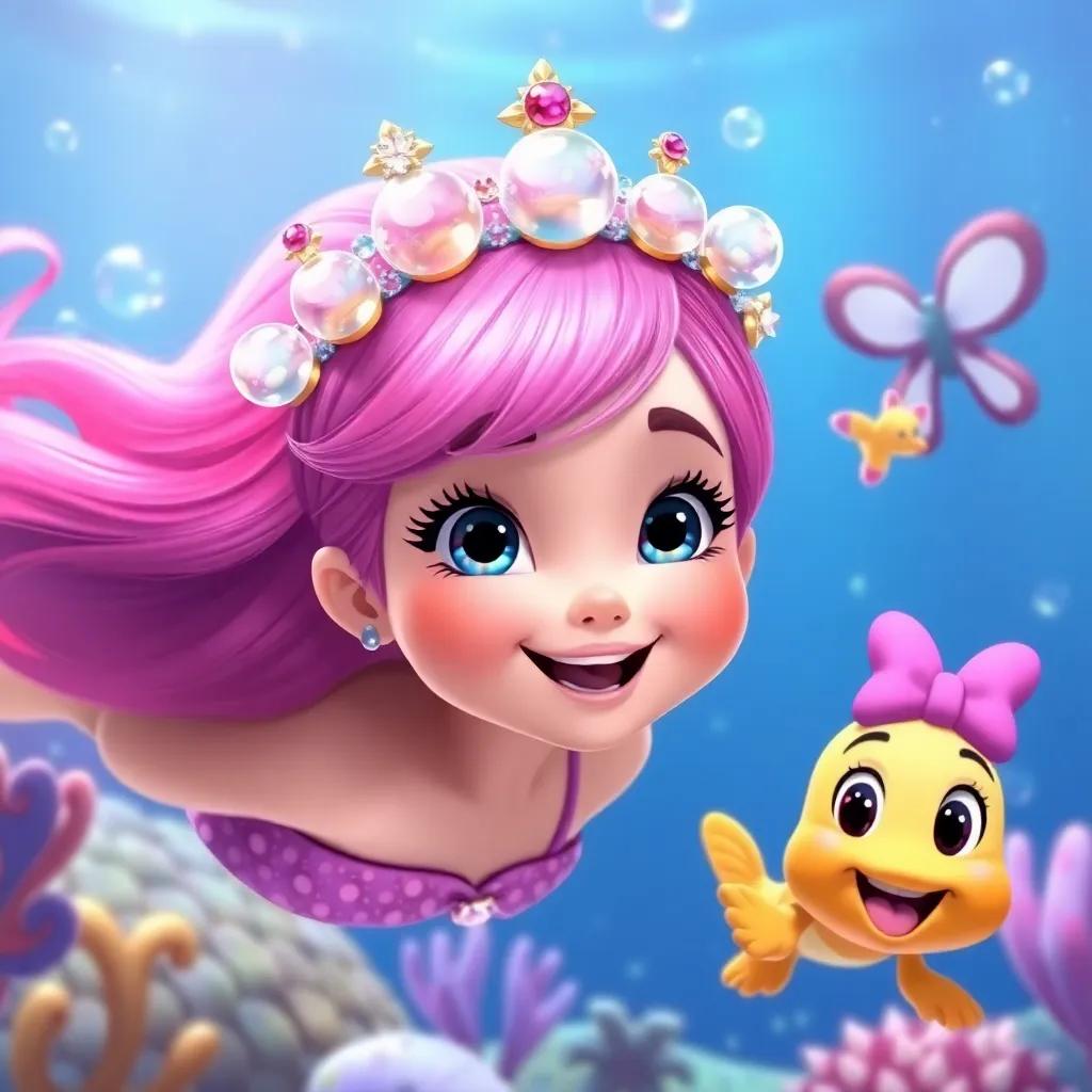 April wearing a bubble crown, looking like a princess of the sea, swimming with Daisy and Ollie, cheerful colors, magical underwater scene, vibrant, high quality