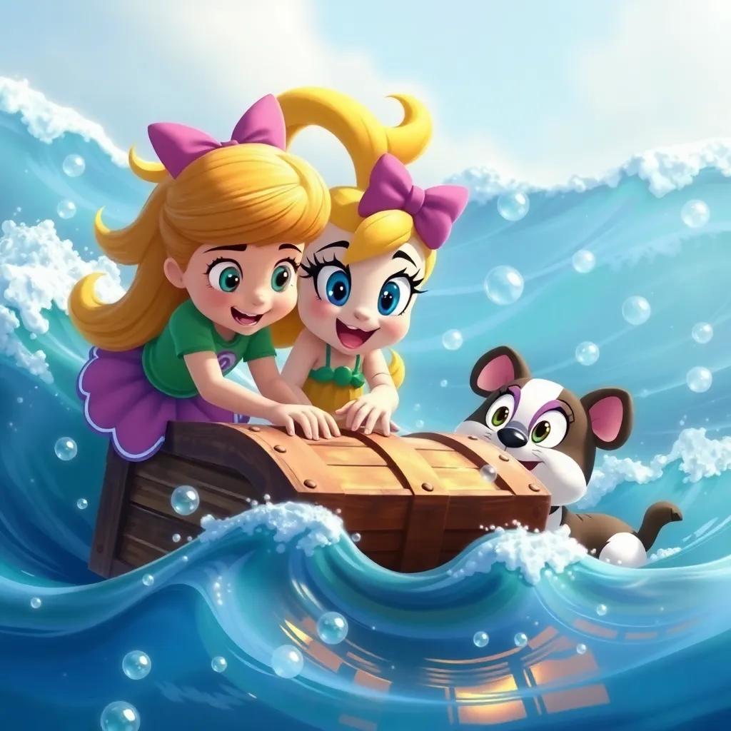 April, Daisy, and Ollie trying to secure the treasure chest as gentle waves roll by, fun atmosphere, bubbles everywhere, playful moment, detailed digital art, high quality