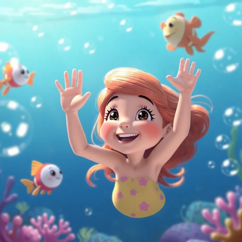 April waving goodbye to her underwater friends as bubbles begin to settle, joyful expression, colorful underwater world fading, charming scene, digital art, high quality