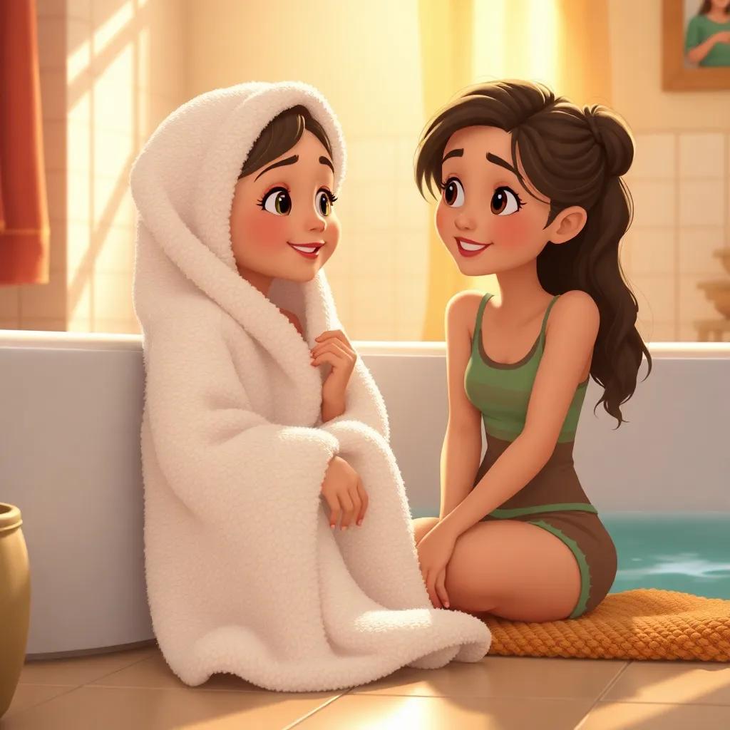 A fluffy towel draped around April as she sits beside an empty tub, telling her mom about her adventure with a smile, home setting, warm light, nurturing feel, detailed digital art, high quality