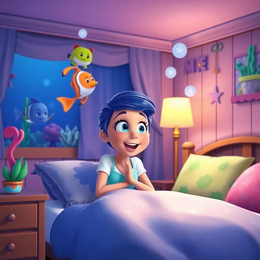 April dreaming about her underwater friends in her cozy bedroom, excited expression, colorful decor, heartwarming scene, night time, detailed, high quality