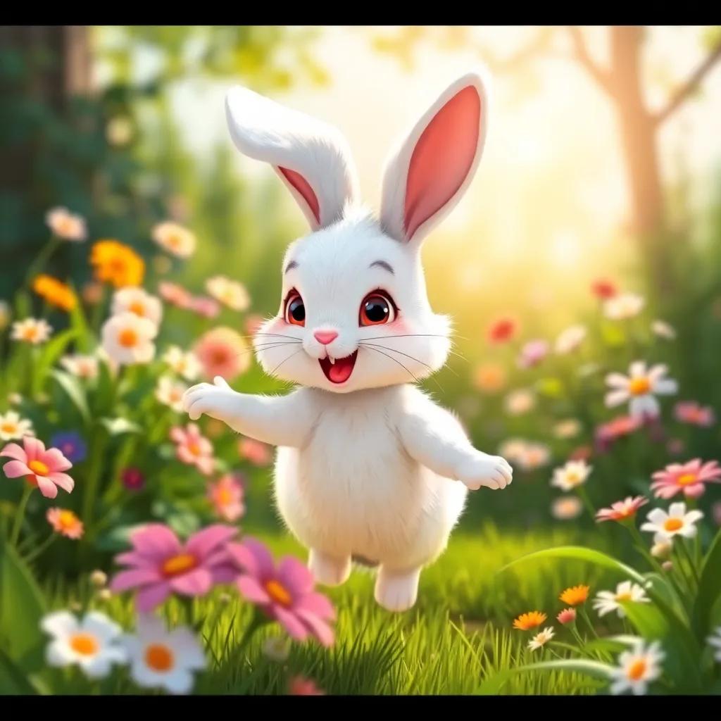 Bella the bunny, a cute bunny with fluffy white fur and floppy ears, bouncing happily in a green garden filled with flowers and sunshine, digital art, cheerful, bright colors, warm atmosphere, high quality