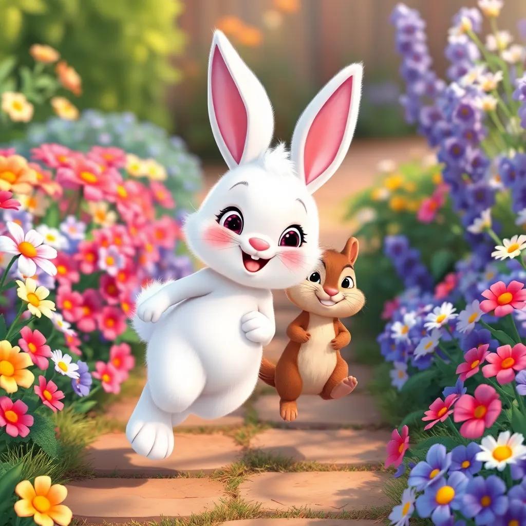 Bella the bunny, a cute bunny with fluffy white fur and floppy ears, hopping along the garden path with Charlie the chipmunk, who has tiny brown fur and a cheerful smile, vibrant flowers around them, joyful scene, colorful illustration, high quality