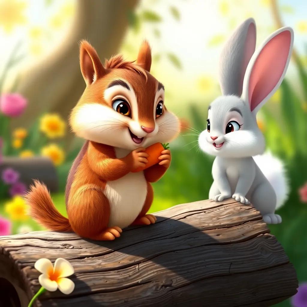 Charlie the chipmunk, a small brown chipmunk with bright eyes, sitting on a log and munching a tiny carrot, Bella the bunny with fluffy white fur watching him with excitement, sunny garden background, fun atmosphere, colorful art, high quality