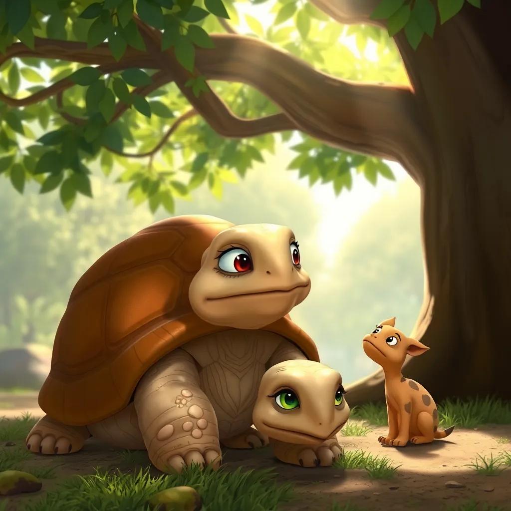 Tilly the tortoise, an old tortoise with green-brown shell and wise eyes, sitting under a large tree, sunlight filtering through the leaves, Bella and Charlie listening to her with curious expressions, peaceful setting, gentle colors, high quality