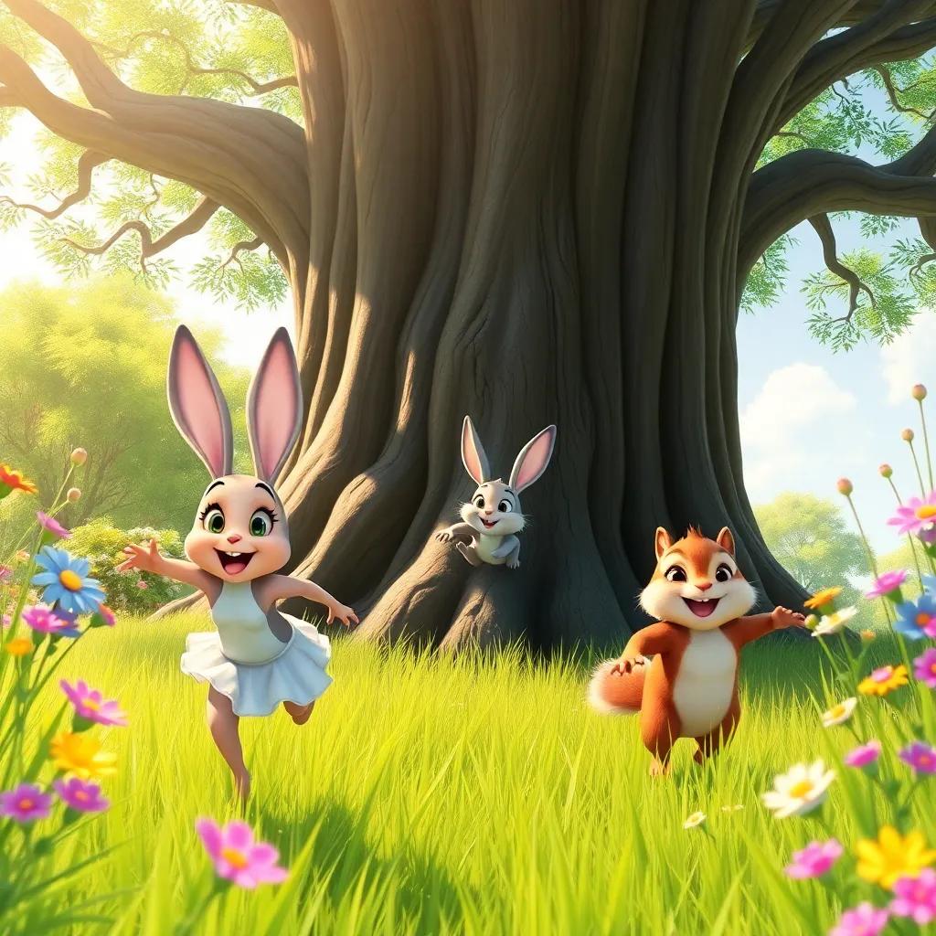 Bella the bunny and Charlie the chipmunk rushing towards a big oak tree, surrounded by tall grass and flowers, excitement on their faces, warm sunlight, lively garden scene, colorful art, high quality