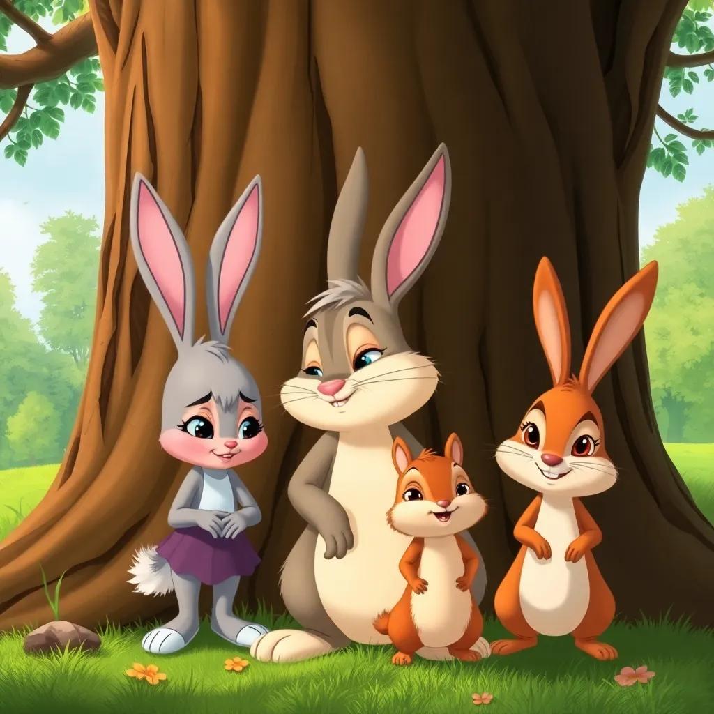 Bella the bunny and Charlie the chipmunk, looking a bit sad while searching around the big oak tree, Ruby the rabbit joining them with a friendly smile, all three characters in a vibrant green setting, thoughtful mood, colorful illustration, high quality