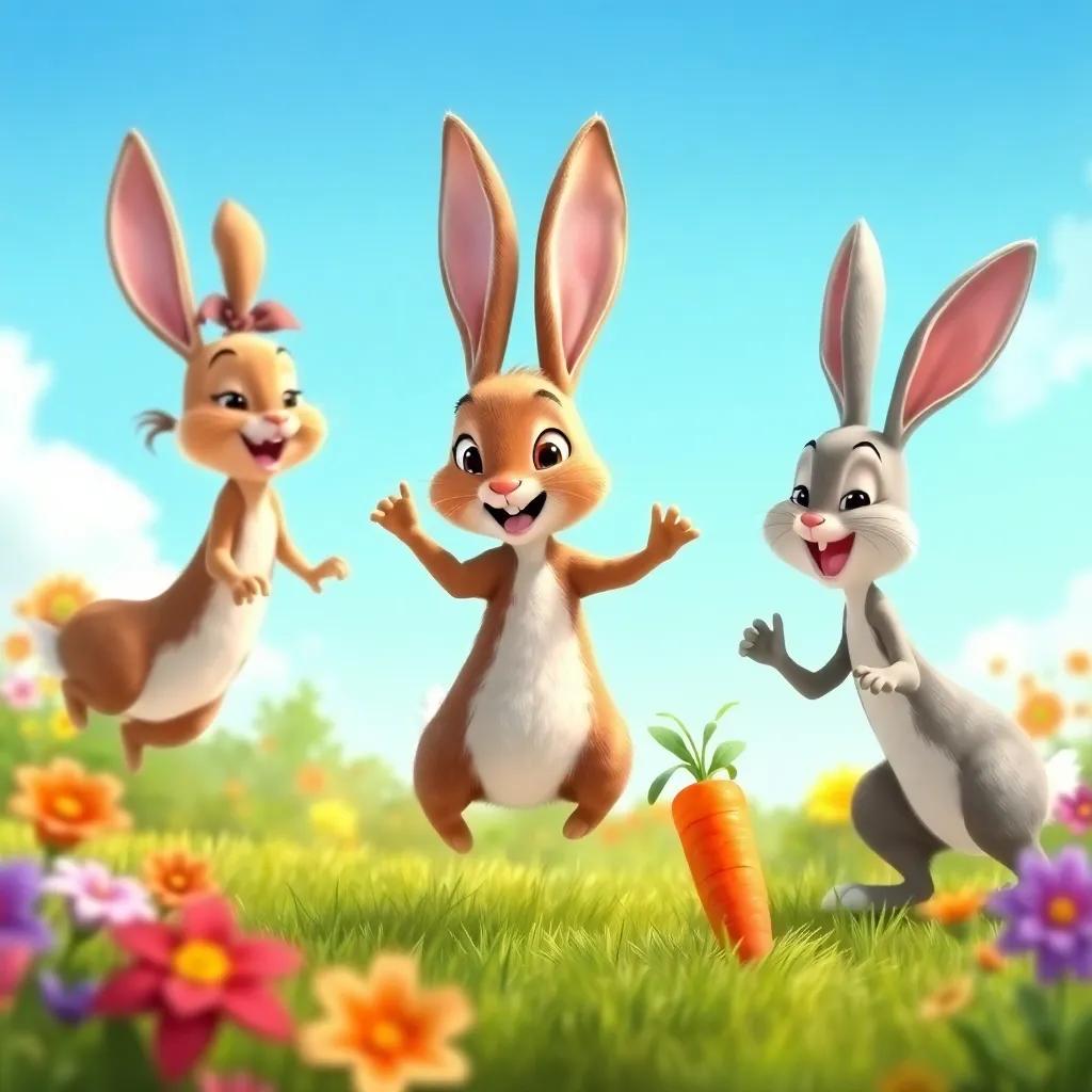 Ruby the rabbit, a playful rabbit with soft brown fur, jumping around with Bella and Charlie while laughing, all searching for the carrot under a bright blue sky, fun and joy radiating, colorful garden scene, cheerful art, high quality