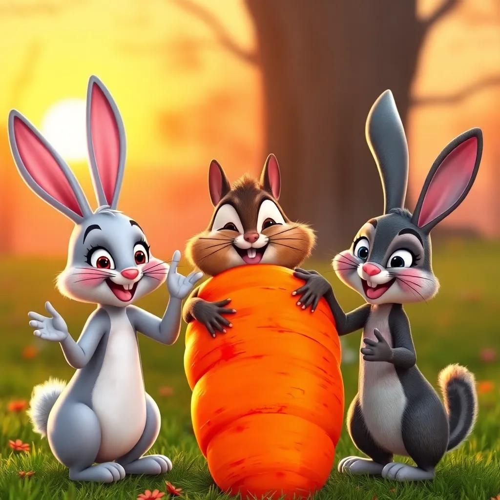 Bella the bunny, Charlie the chipmunk and Ruby the rabbit, gathered around a giant orange carrot, all three friends cheering and looking happy, warm sunset glow in the background, delightful scene, vibrant colors, high quality