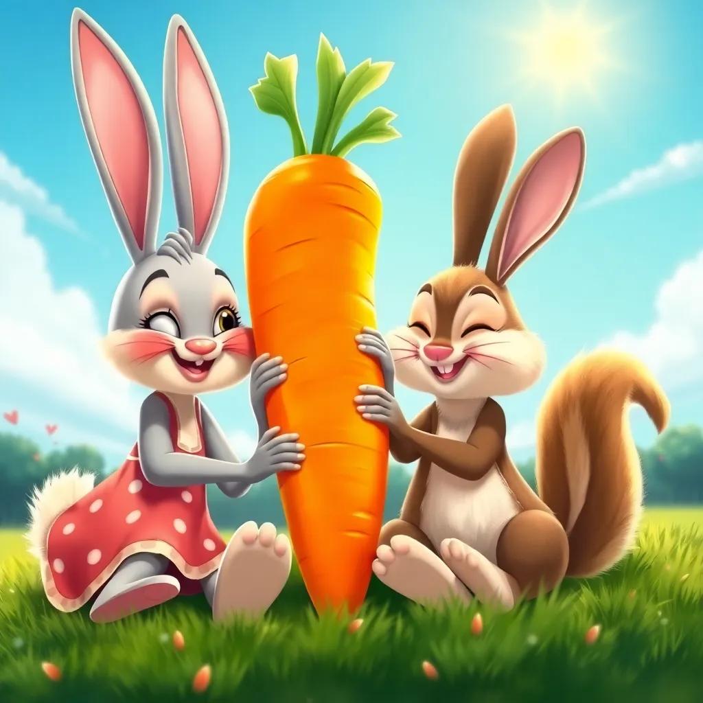 Bella the bunny, Charlie the chipmunk, and Ruby the rabbit, sharing the giant carrot, sitting together under the bright sky, full of laughter and smiles, heartwarming scene, cheerful colors, magical atmosphere, high quality