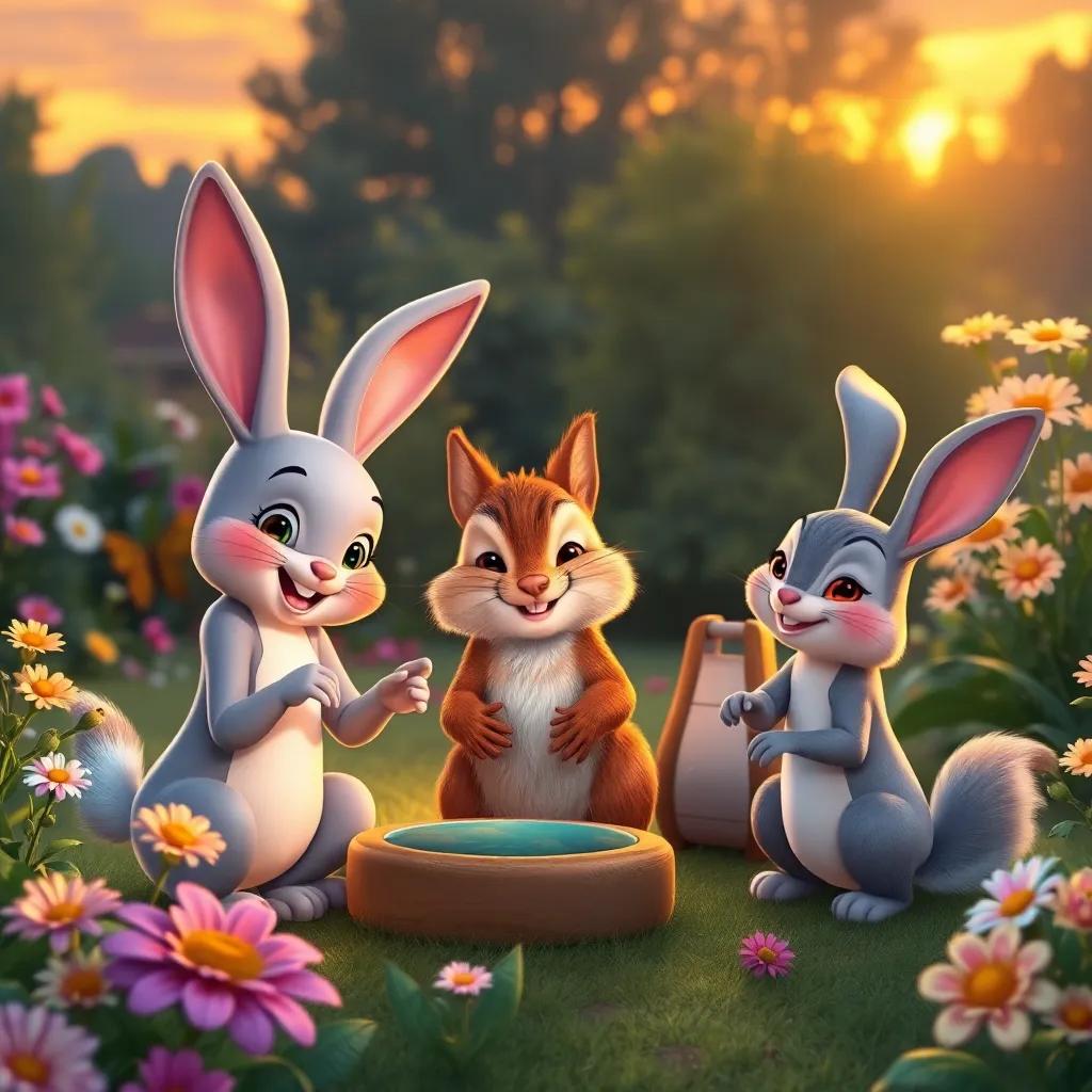 Bella the bunny, Charlie the chipmunk, and Ruby the rabbit, playing games in the garden at sunset, surrounded by flowers, the friends happy and joyful, warm glow, dreamy scene, colorful art, high quality