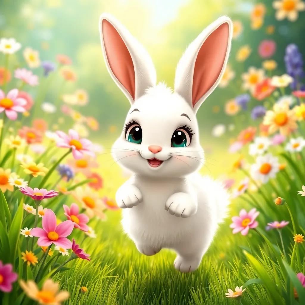 A happy little bunny, Bella, with soft white fur and sparkling eyes, hopping in a vibrant garden filled with flowers and green grass, cheerful atmosphere, colorful, detailed, child-friendly